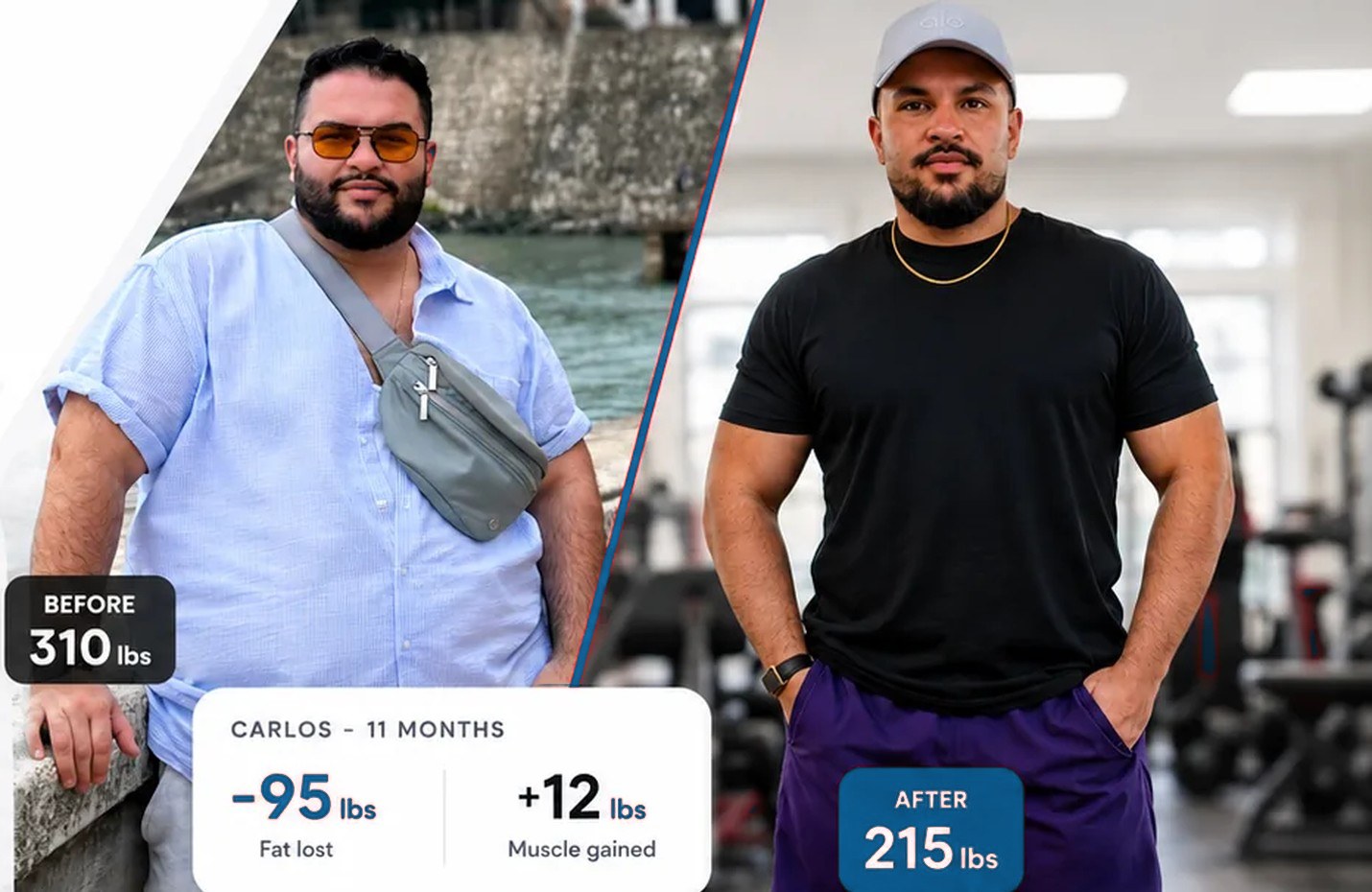 Carlos Velez before and after: 95 lbs of fat lost, 12 lbs of muscle gained