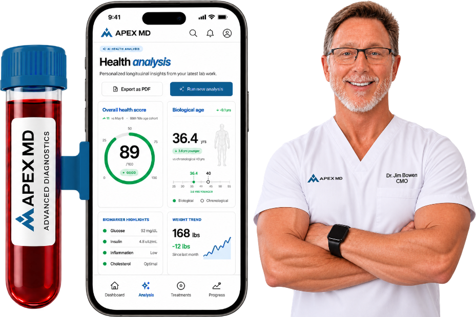 Apex MD lab vial, member app health analysis and Dr. Jim Bowen, CMO