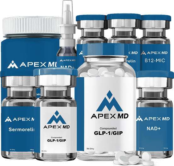 Apex MD compounded GLP-1/GIP vial and tablets
