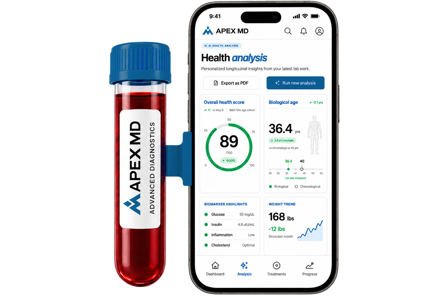 Apex MD blood vial and health analysis in the app