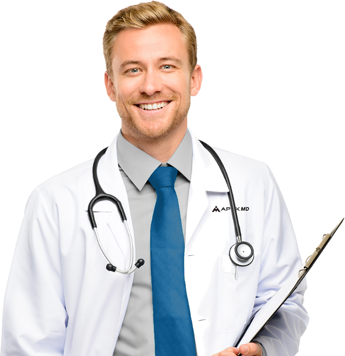 Apex MD provider with a stethoscope and chart
